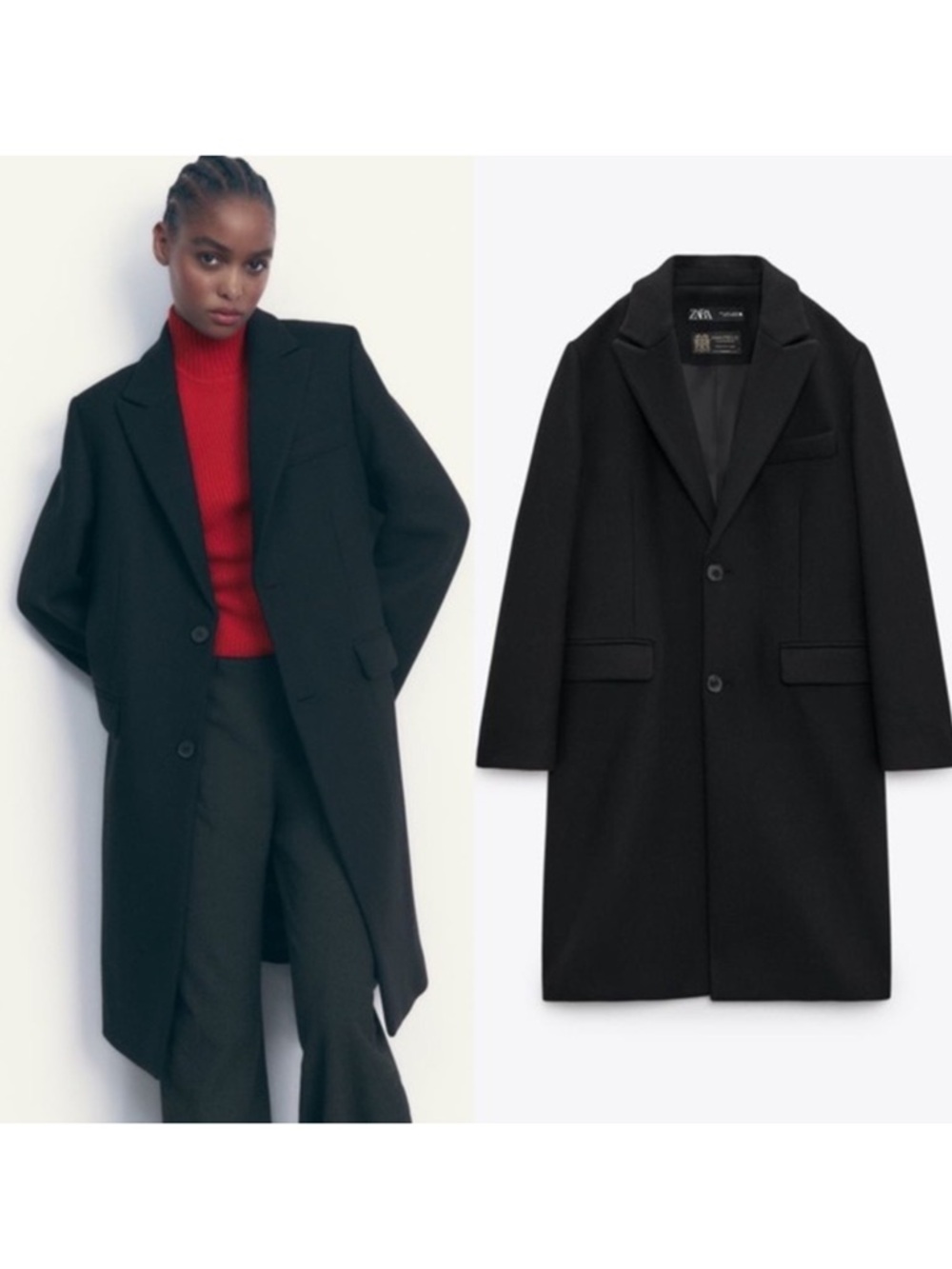Zara Manteco Black Textured Wool Blend Coat